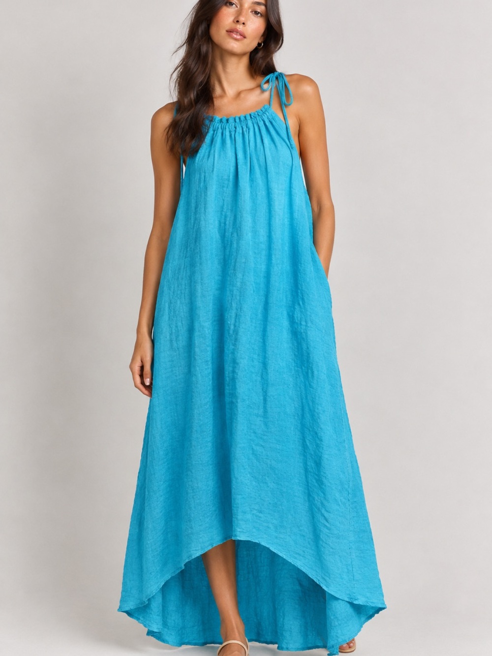 Tie-Shoulder High-Low Maxi Dress in Aqua Blue